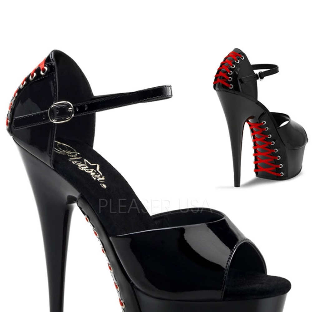 Pleaser | Delight Corset Platform Heel | Black & Red | Size 8.5